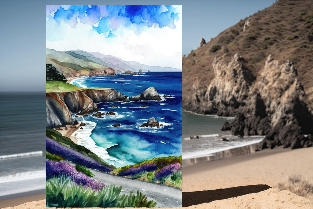 California Big Sur Beach Print Watercolor Ocean Wall Art Tropical Nature Gift Coastal Landscape Home Decor