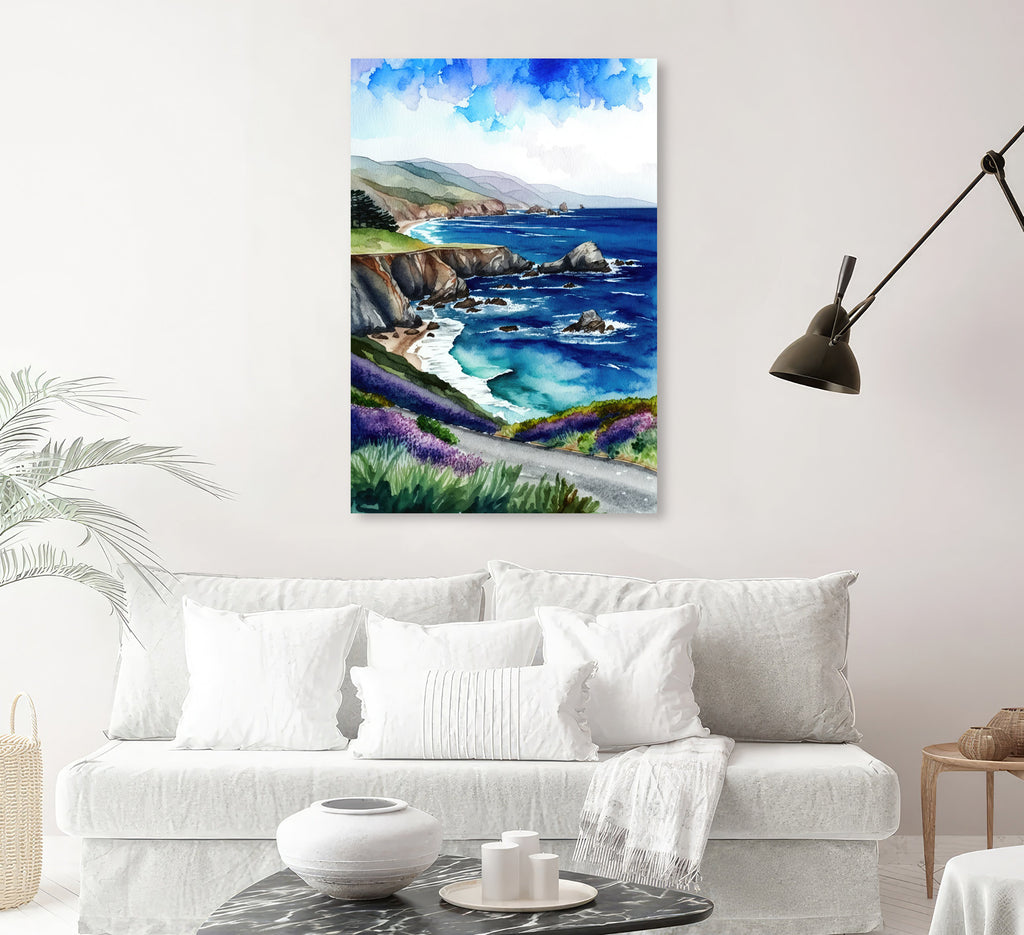 California Big Sur Beach Print Watercolor Ocean Wall Art Tropical Nature Gift Coastal Landscape Home Decor