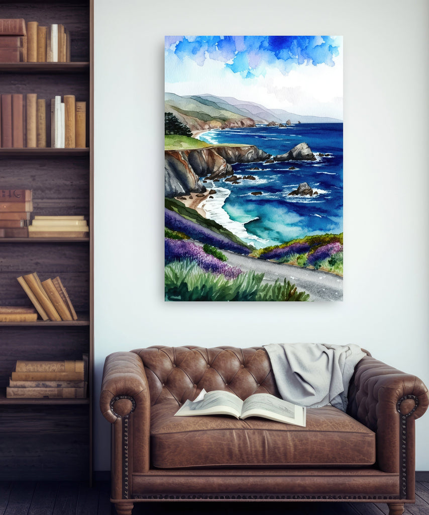 California Big Sur Beach Print Watercolor Ocean Wall Art Tropical Nature Gift Coastal Landscape Home Decor