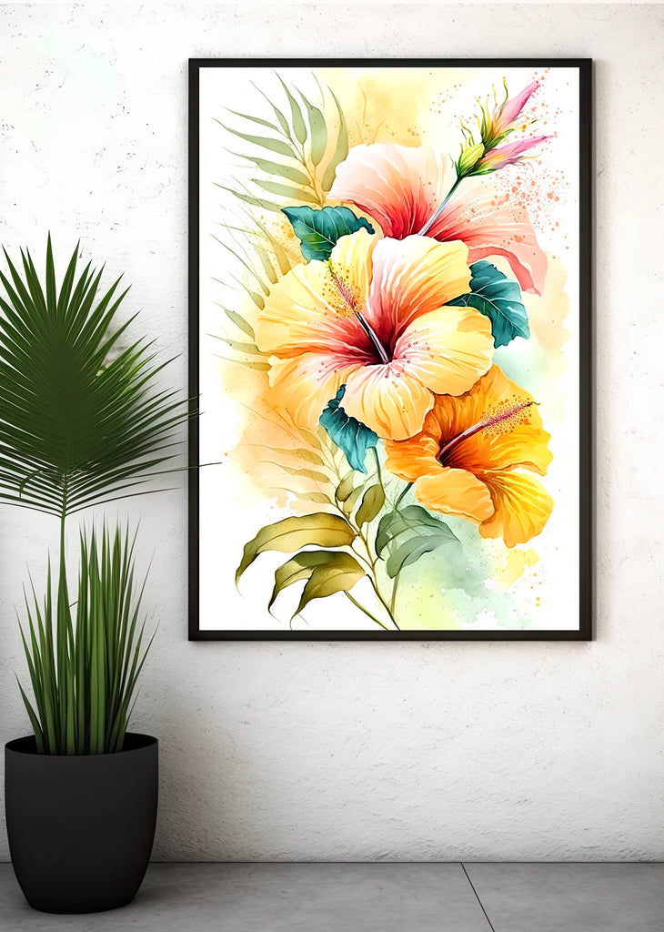 Hawaiian Hibiscus Flower Bouquet Print Watercolor Botanical Wall Art Flower Painting Gift Floral Tropical Home Decor