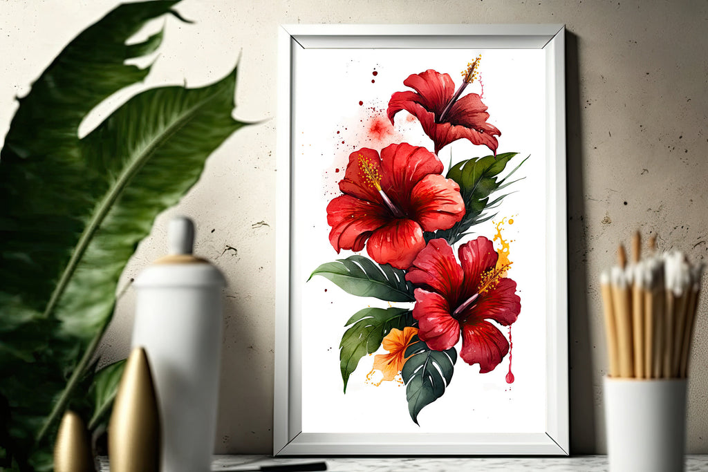 Hawaiian Hibiscus Flower Bouquet Print Watercolor Botanical Wall Art Flower Painting Gift Floral Tropical Home Decor