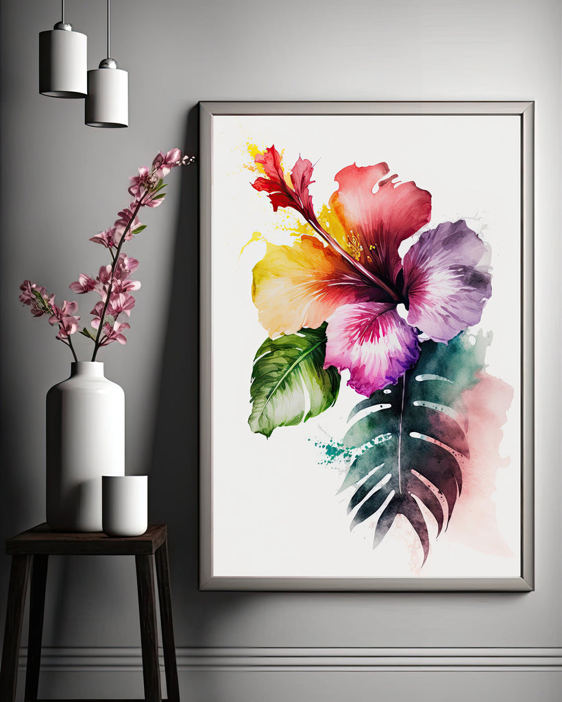 Hawaiian Hibiscus Flower Bouquet Print Watercolor Botanical Wall Art Flower Painting Gift Floral Tropical Home Decor