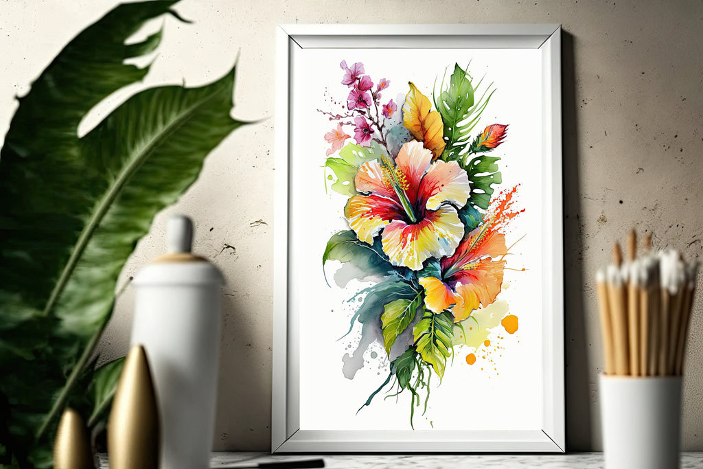 Hawaiian Hibiscus Flower Bouquet Print Watercolor Botanical Wall Art Flower Painting Gift Floral Tropical Home Decor