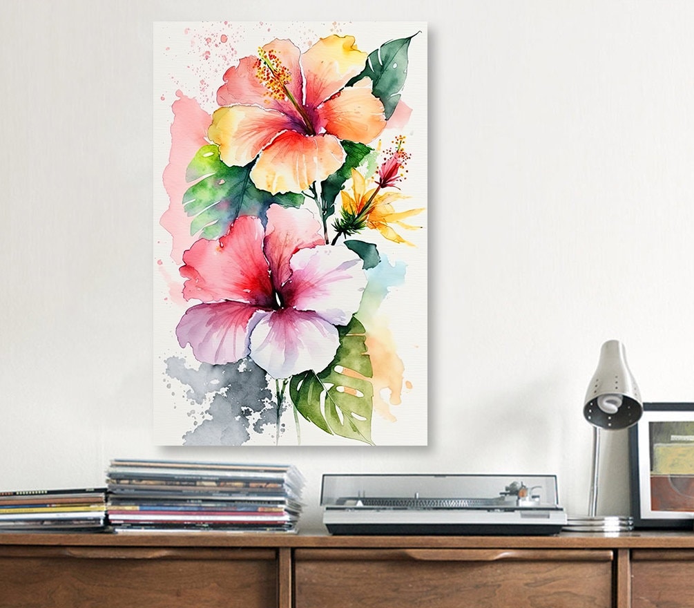 Hawaiian Hibiscus Flower Bouquet Print Watercolor Botanical Wall Art Flower Painting Gift Floral Tropical Home Decor