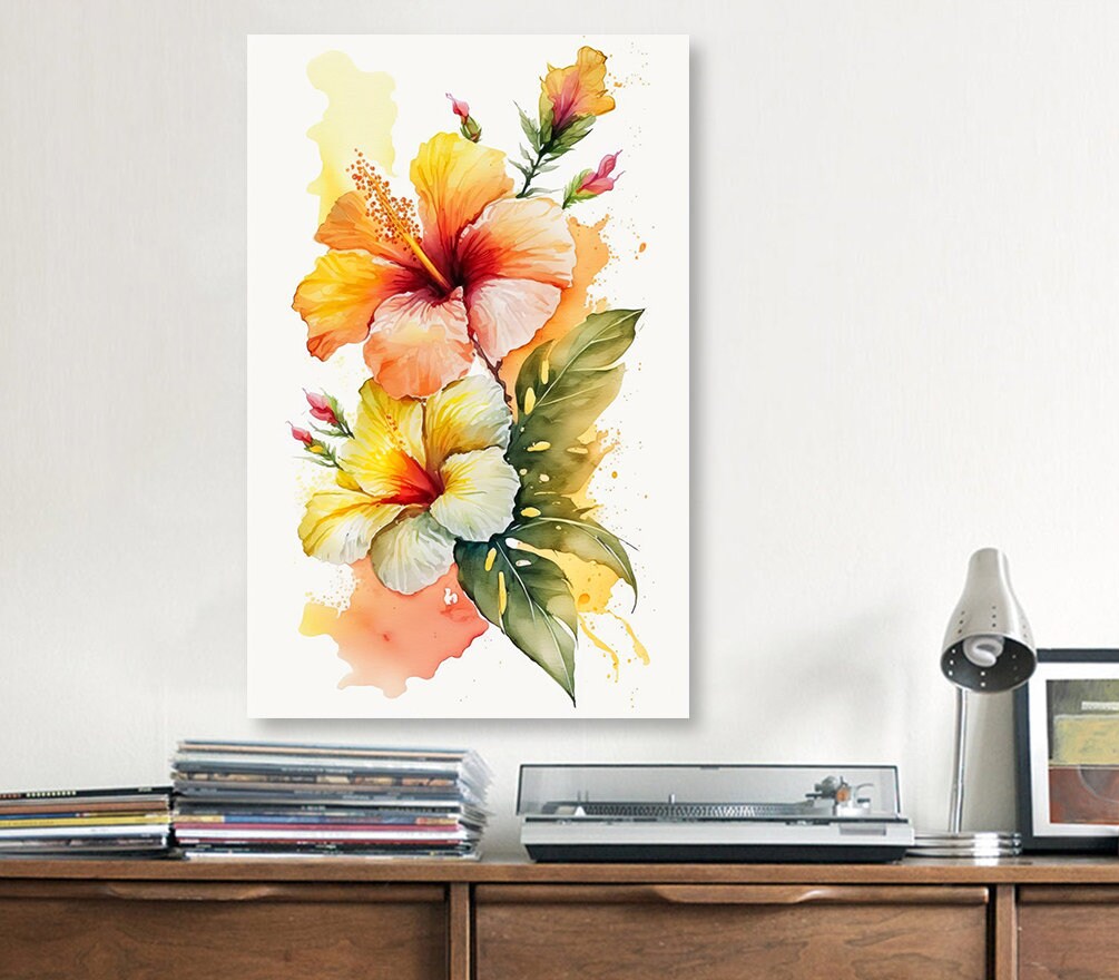 Hawaiian Hibiscus Flower Bouquet Print Watercolor Botanical Wall Art Flower Painting Gift Floral Tropical Home Decor