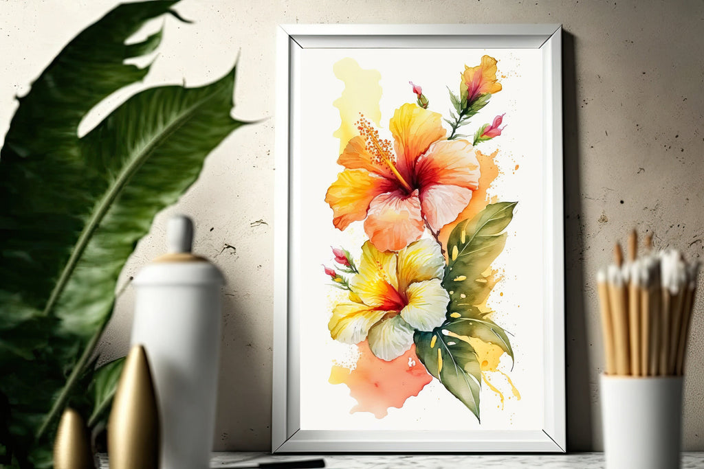 Hawaiian Hibiscus Flower Bouquet Print Watercolor Botanical Wall Art Flower Painting Gift Floral Tropical Home Decor