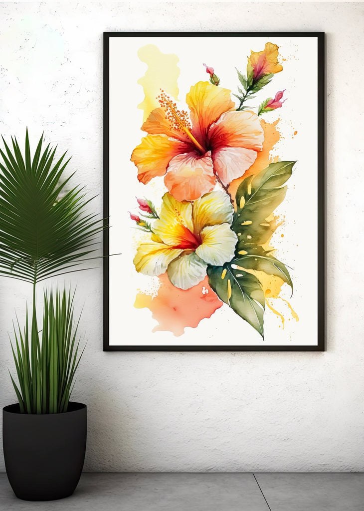 Hawaiian Hibiscus Flower Bouquet Print Watercolor Botanical Wall Art Flower Painting Gift Floral Tropical Home Decor