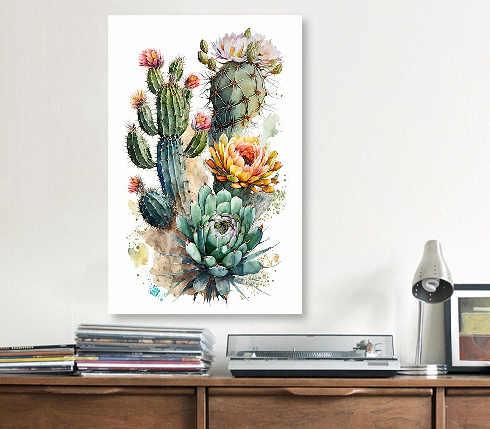 Cactus Plant Flower Print Watercolor Painting Botanical Wall Art Southwest Artwork Gift Rustic Desert Home Decor