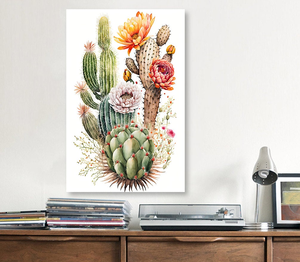 Cactus Plant Flower Print Watercolor Painting Botanical Wall Art Southwest Artwork Gift Rustic Desert Home Decor