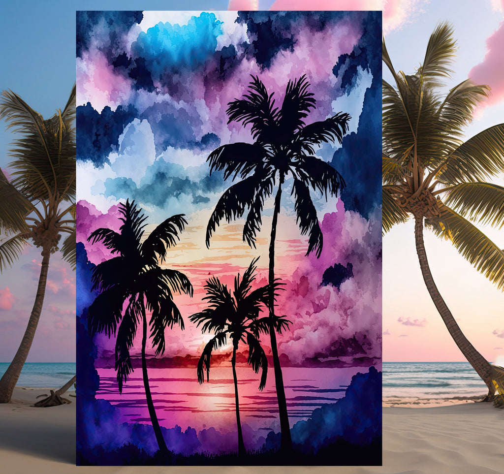 Palm Tree Sunset Art Print Watercolor Coastal Wall Art Nature Inspired Gift Tropical Beach House Home Decor