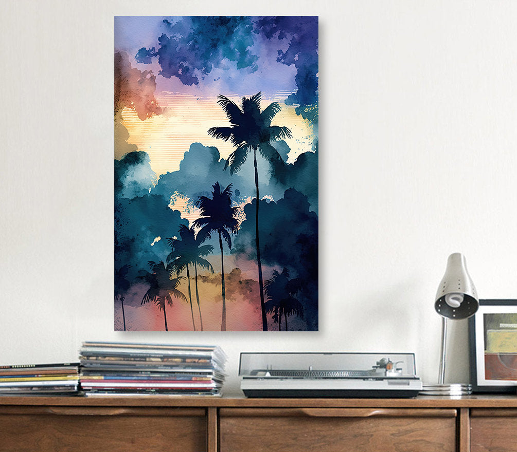 Palm Tree Sunset Art Print Watercolor Coastal Wall Art Nature Inspired Gift Tropical Beach House Home Decor