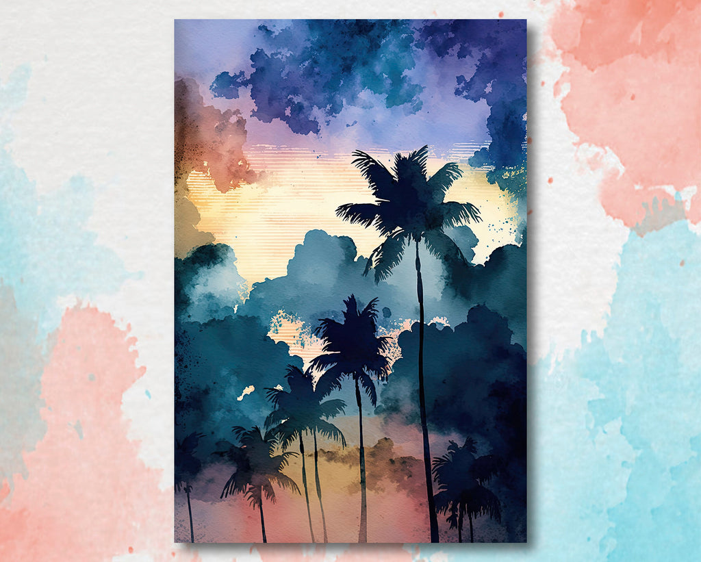 Palm Tree Sunset Art Print Watercolor Coastal Wall Art Nature Inspired Gift Tropical Beach House Home Decor