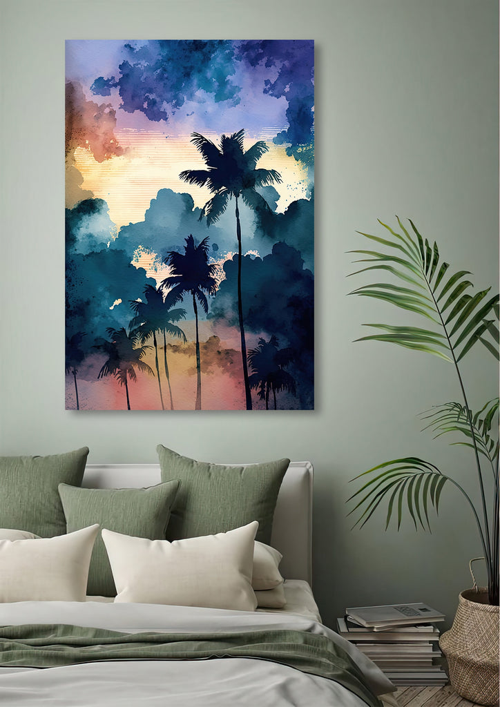 Palm Tree Sunset Art Print Watercolor Coastal Wall Art Nature Inspired Gift Tropical Beach House Home Decor