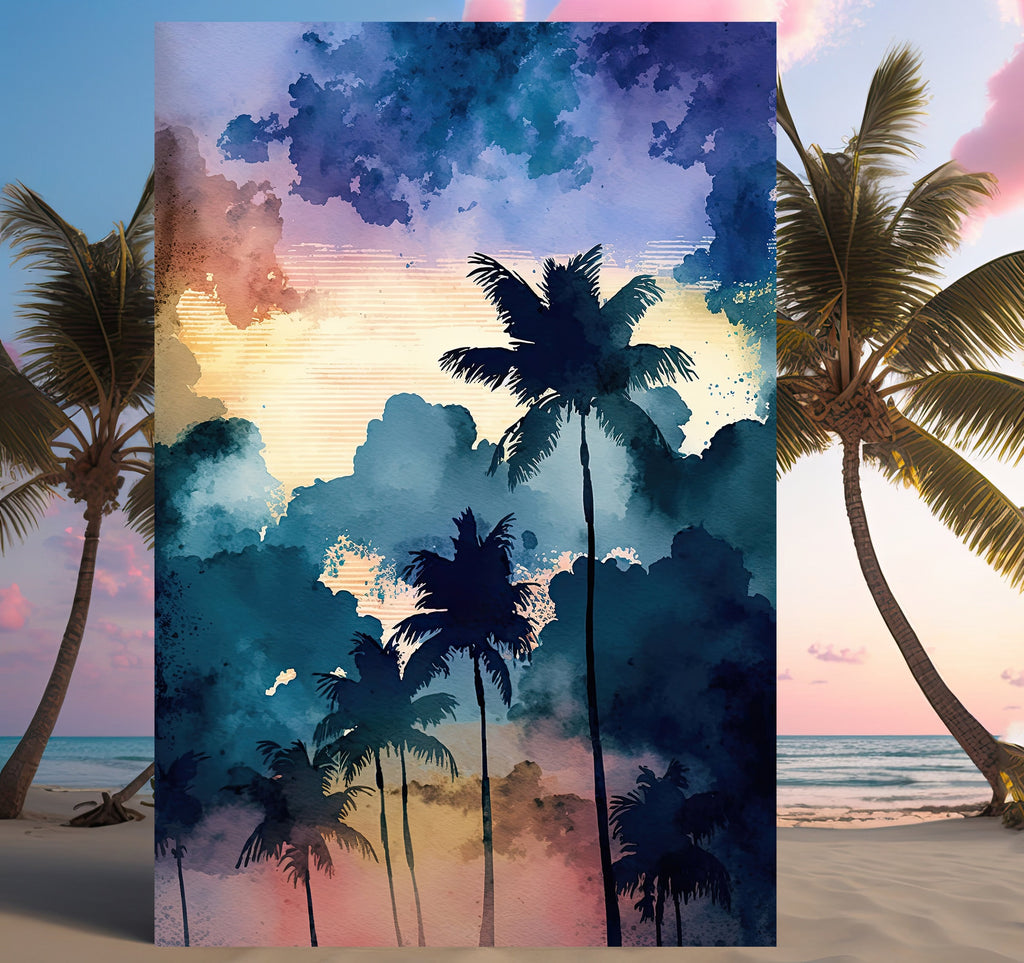 Palm Tree Sunset Art Print Watercolor Coastal Wall Art Nature Inspired Gift Tropical Beach House Home Decor