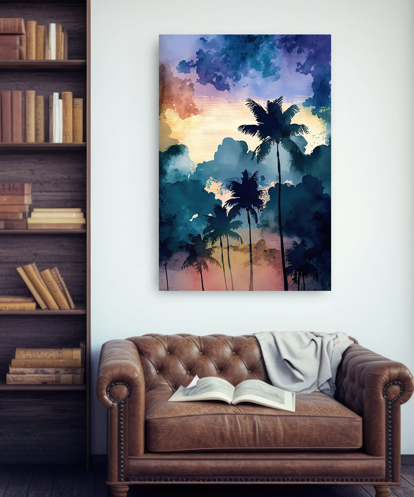 Palm Tree Sunset Art Print Watercolor Coastal Wall Art Nature Inspired Gift Tropical Beach House Home Decor