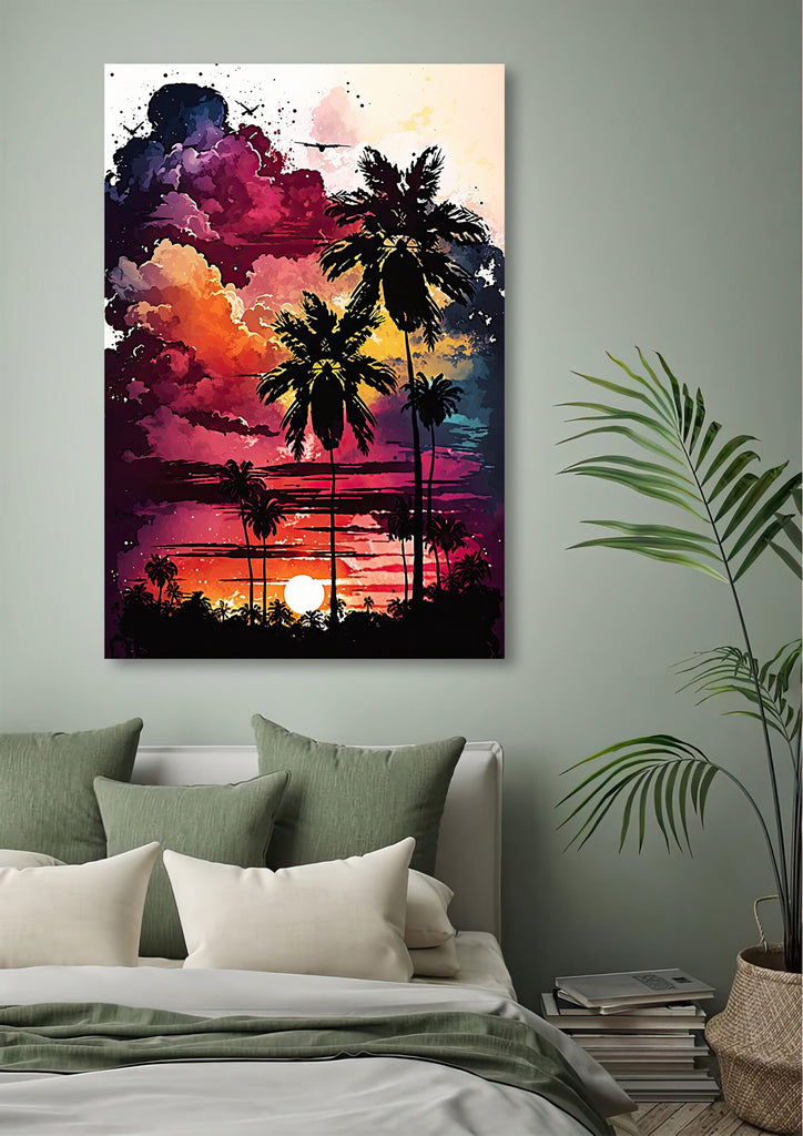 Palm Tree Sunset Art Print Watercolor Coastal Wall Art Nature Inspired Gift Tropical Beach House Home Decor