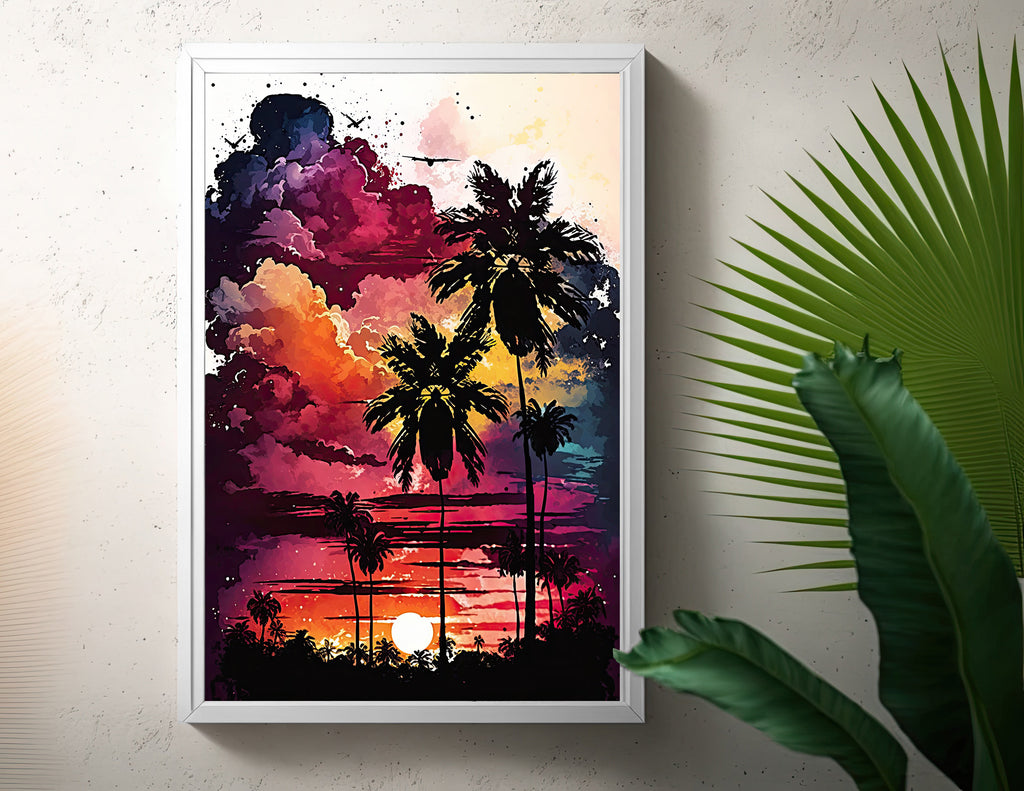 Palm Tree Sunset Art Print Watercolor Coastal Wall Art Nature Inspired Gift Tropical Beach House Home Decor