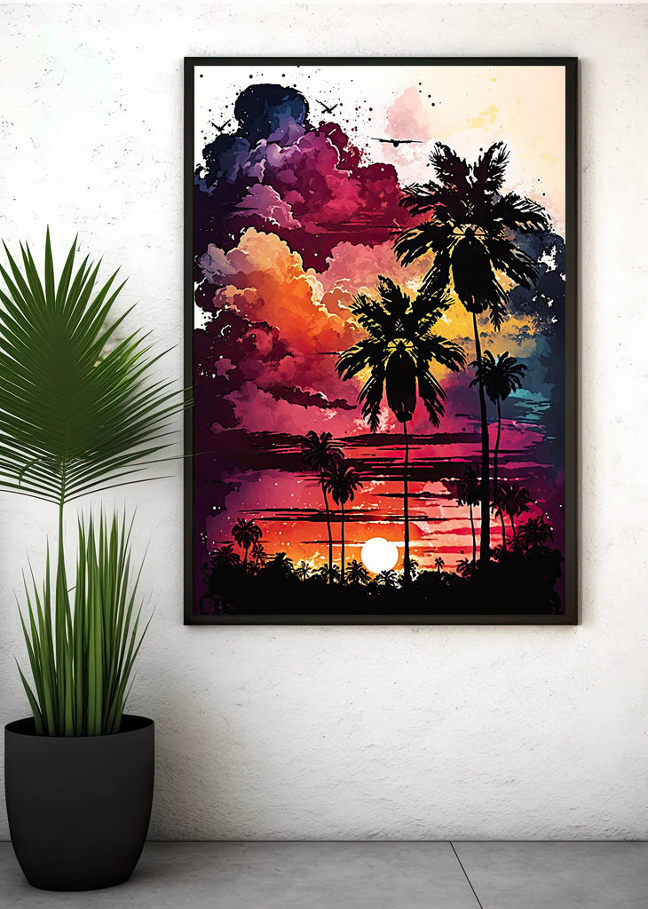 Palm Tree Sunset Art Print Watercolor Coastal Wall Art Nature Inspired Gift Tropical Beach House Home Decor