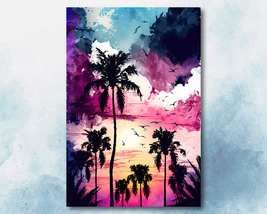 Palm Tree Sunset Art Print Watercolor Coastal Wall Art Nature Inspired Gift Tropical Beach House Home Decor