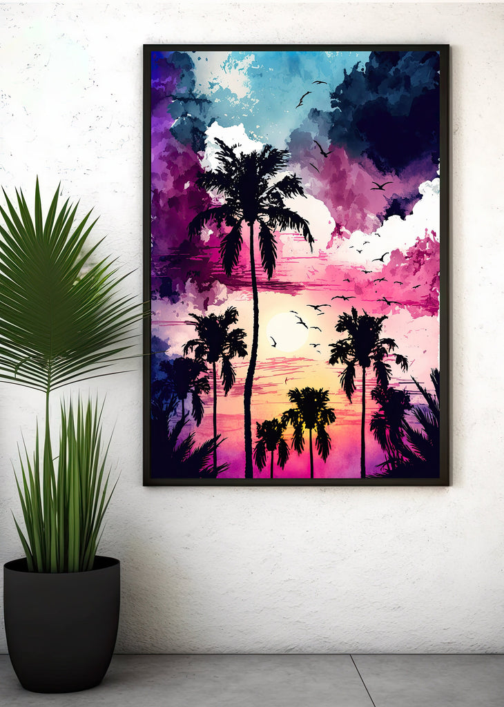 Palm Tree Sunset Art Print Watercolor Coastal Wall Art Nature Inspired Gift Tropical Beach House Home Decor