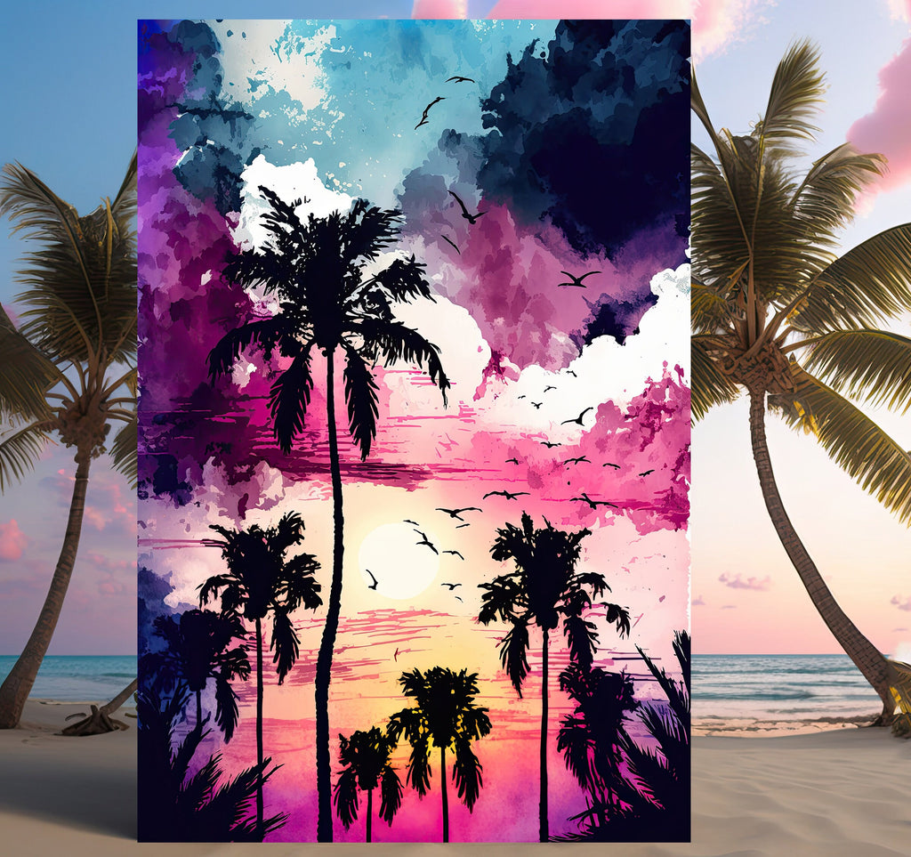 Palm Tree Sunset Art Print Watercolor Coastal Wall Art Nature Inspired Gift Tropical Beach House Home Decor