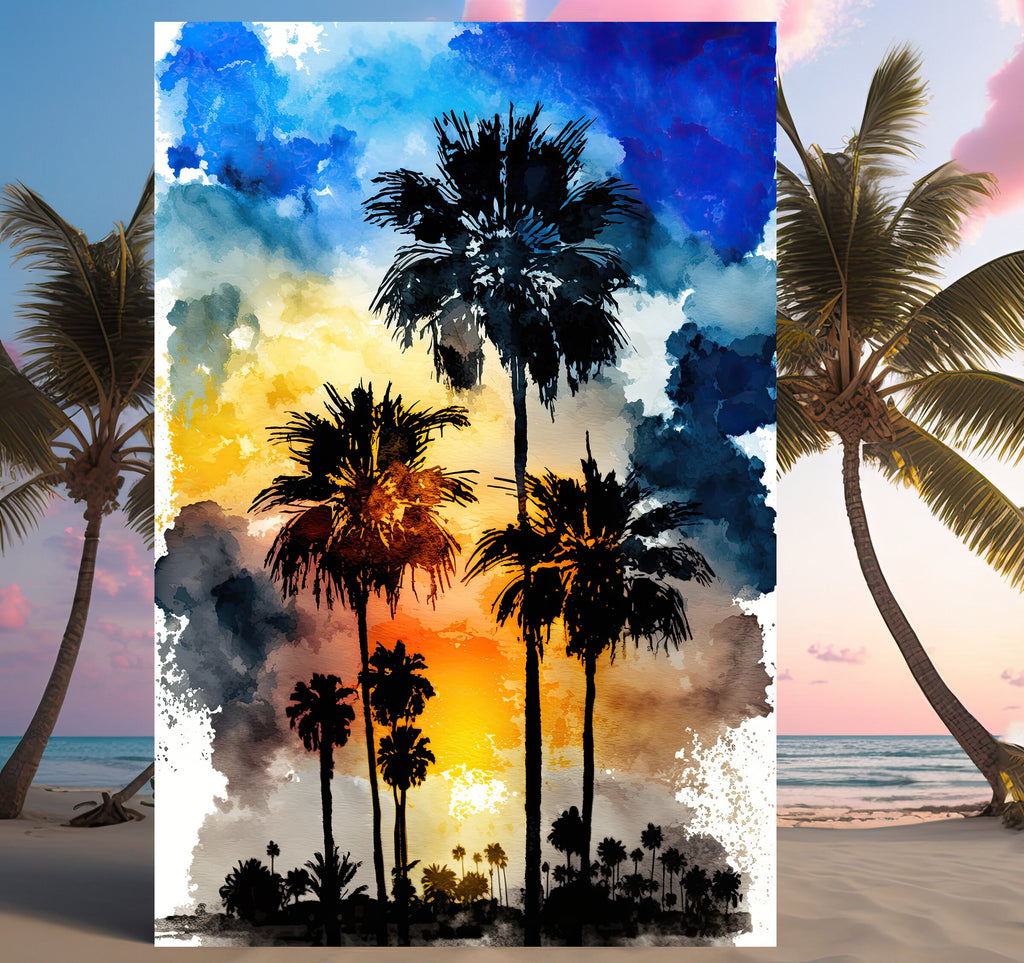 Palm Tree Sunset Art Print Watercolor Coastal Wall Art Nature Inspired Gift Tropical Beach House Home Decor