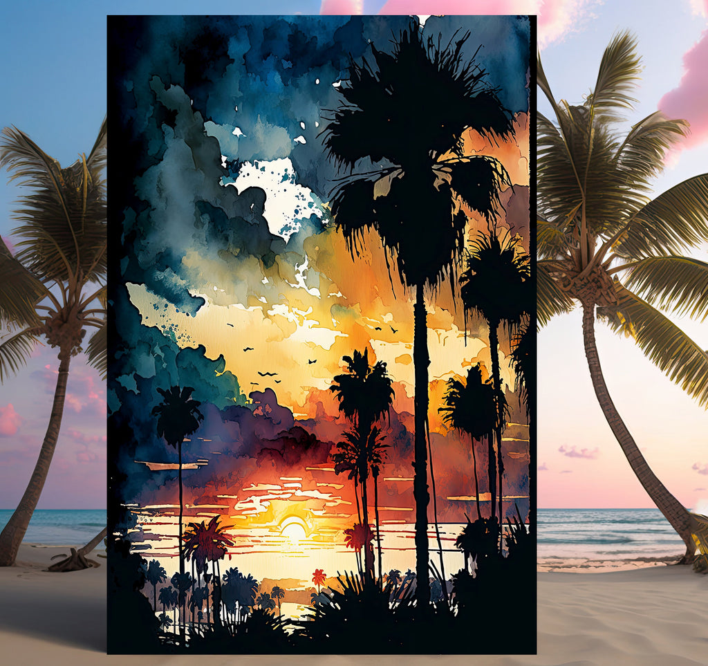 Palm Tree Sunset Art Print Watercolor Coastal Wall Art Nature Inspired Gift Tropical Beach House Home Decor