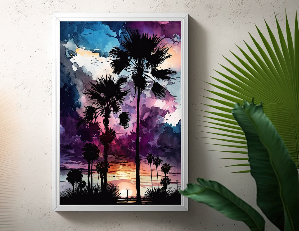 Palm Tree Sunset Art Print Watercolor Coastal Wall Art Nature Inspired Gift Tropical Beach House Home Decor