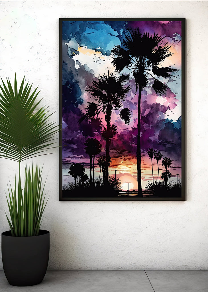 Palm Tree Sunset Art Print Watercolor Coastal Wall Art Nature Inspired Gift Tropical Beach House Home Decor