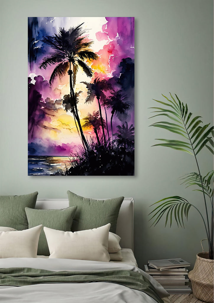 Palm Tree Sunset Art Print Watercolor Coastal Wall Art Nature Inspired Gift Tropical Beach House Home Decor