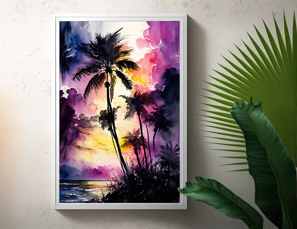 Palm Tree Sunset Art Print Watercolor Coastal Wall Art Nature Inspired Gift Tropical Beach House Home Decor