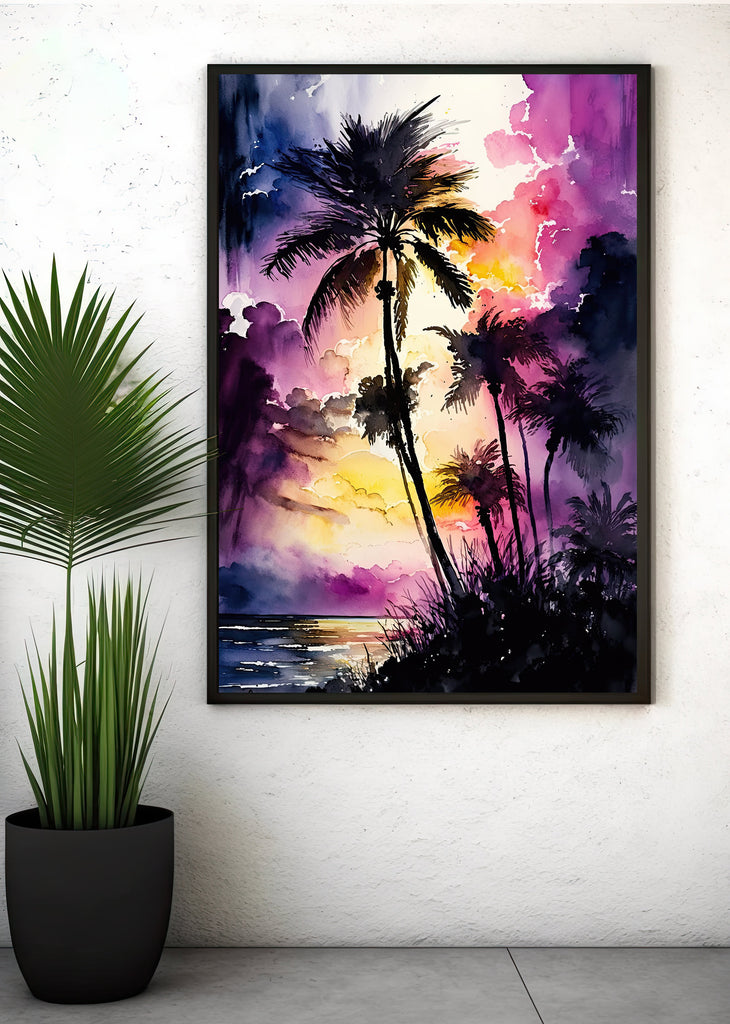 Palm Tree Sunset Art Print Watercolor Coastal Wall Art Nature Inspired Gift Tropical Beach House Home Decor