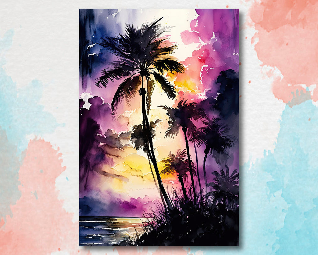 Palm Tree Sunset Art Print Watercolor Coastal Wall Art Nature Inspired Gift Tropical Beach House Home Decor