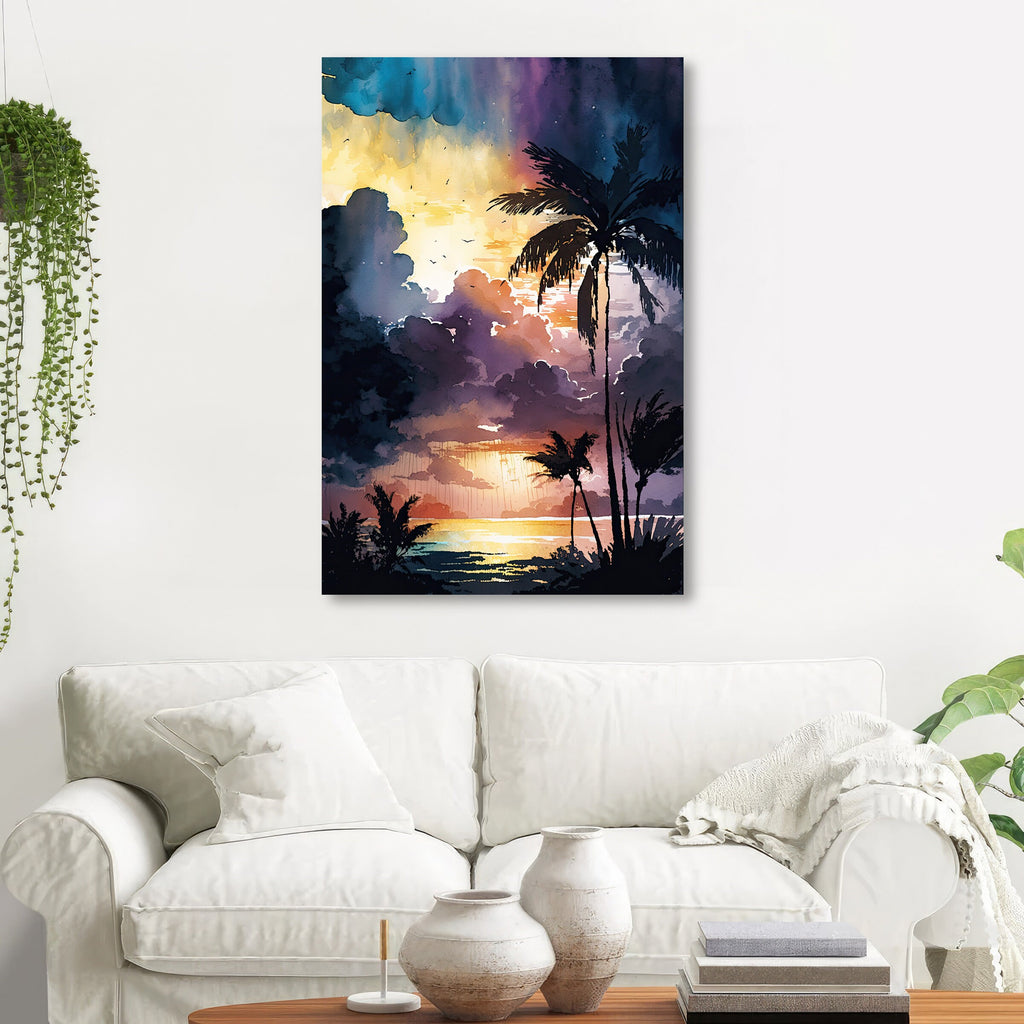 Palm Tree Sunset Art Print Watercolor Coastal Wall Art Nature Inspired Gift Tropical Beach House Home Decor