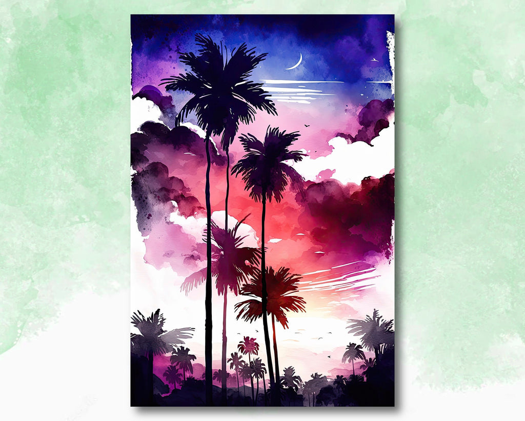 Palm Tree Sunset Art Print Watercolor Coastal Wall Art Nature Inspired Gift Tropical Beach House Home Decor