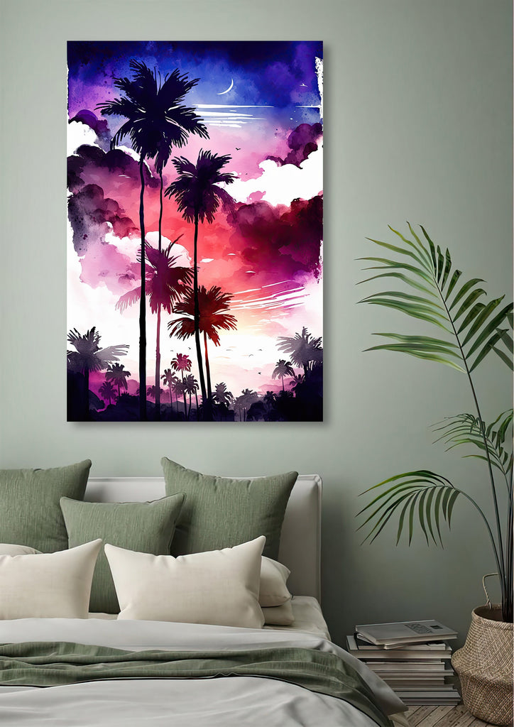 Palm Tree Sunset Art Print Watercolor Coastal Wall Art Nature Inspired Gift Tropical Beach House Home Decor