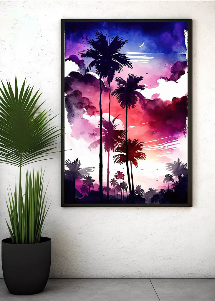 Palm Tree Sunset Art Print Watercolor Coastal Wall Art Nature Inspired Gift Tropical Beach House Home Decor