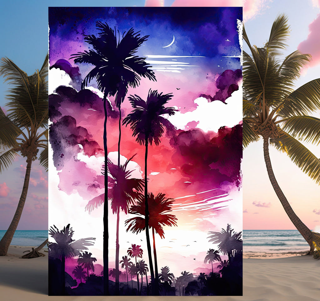 Palm Tree Sunset Art Print Watercolor Coastal Wall Art Nature Inspired Gift Tropical Beach House Home Decor