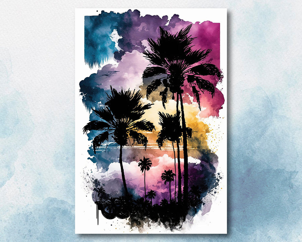 Palm Tree Sunset Art Print Watercolor Coastal Wall Art Nature Inspired Gift Tropical Beach House Home Decor