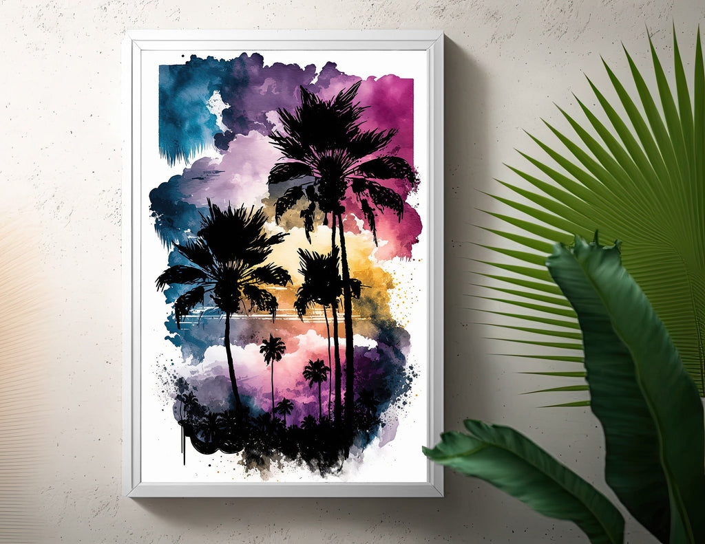 Palm Tree Sunset Art Print Watercolor Coastal Wall Art Nature Inspired Gift Tropical Beach House Home Decor