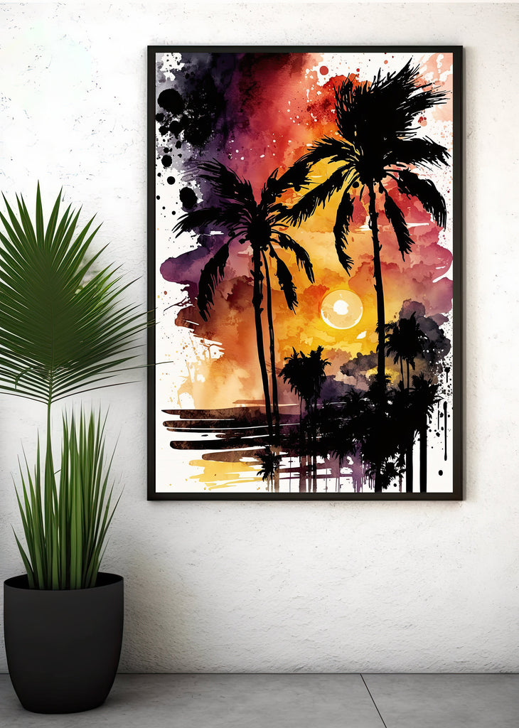 Palm Tree Sunset Art Print Watercolor Coastal Wall Art Nature Inspired Gift Tropical Beach House Home Decor