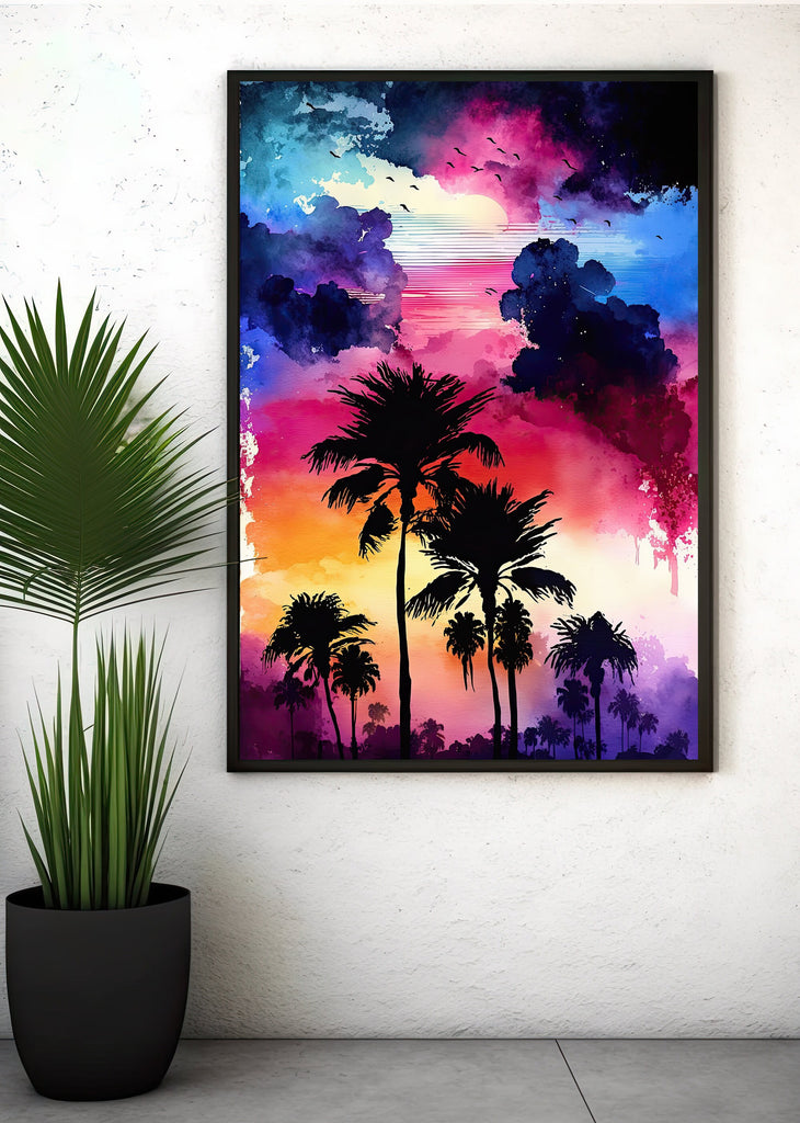 Palm Tree Sunset Art Print Watercolor Coastal Wall Art Nature Inspired Gift Tropical Beach House Home Decor