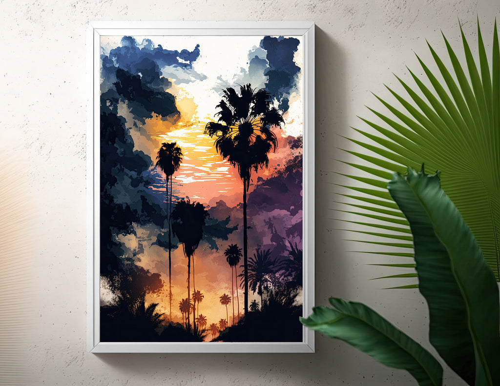 Palm Tree Sunset Art Print Watercolor Coastal Wall Art Nature Inspired Gift Tropical Beach House Home Decor