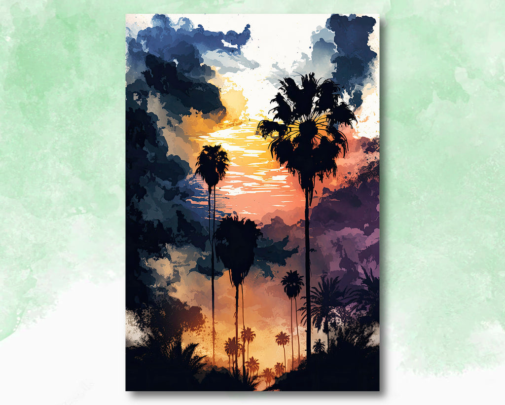 Palm Tree Sunset Art Print Watercolor Coastal Wall Art Nature Inspired Gift Tropical Beach House Home Decor