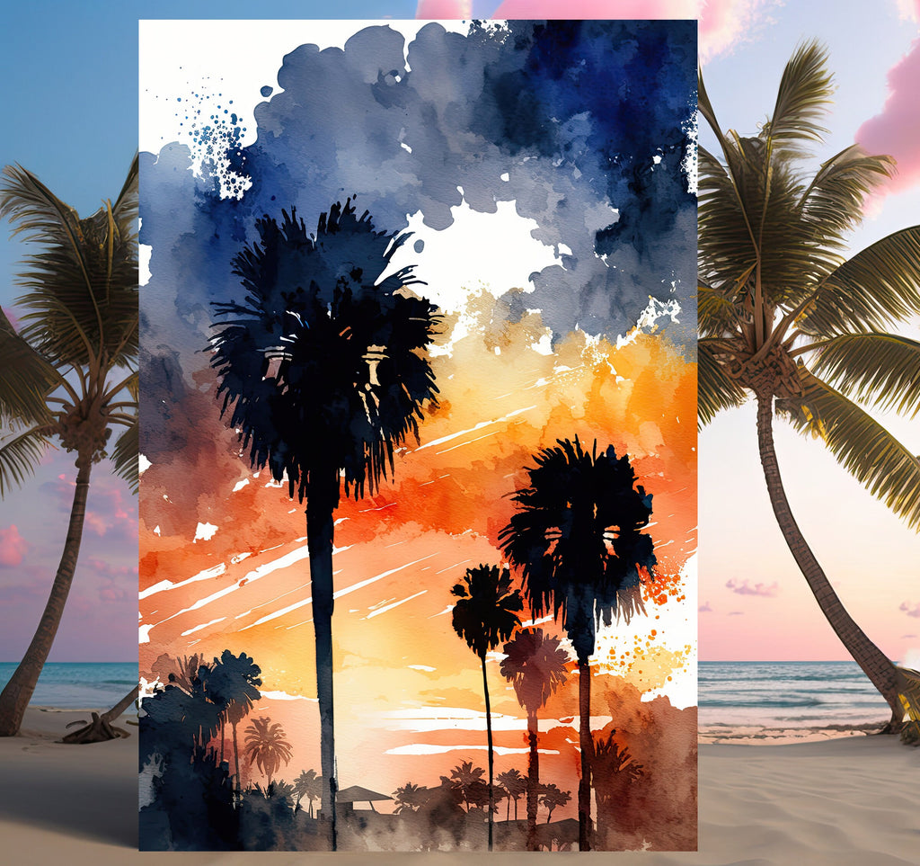 Palm Tree Sunset Art Print Watercolor Coastal Wall Art Nature Inspired Gift Tropical Beach House Home Decor