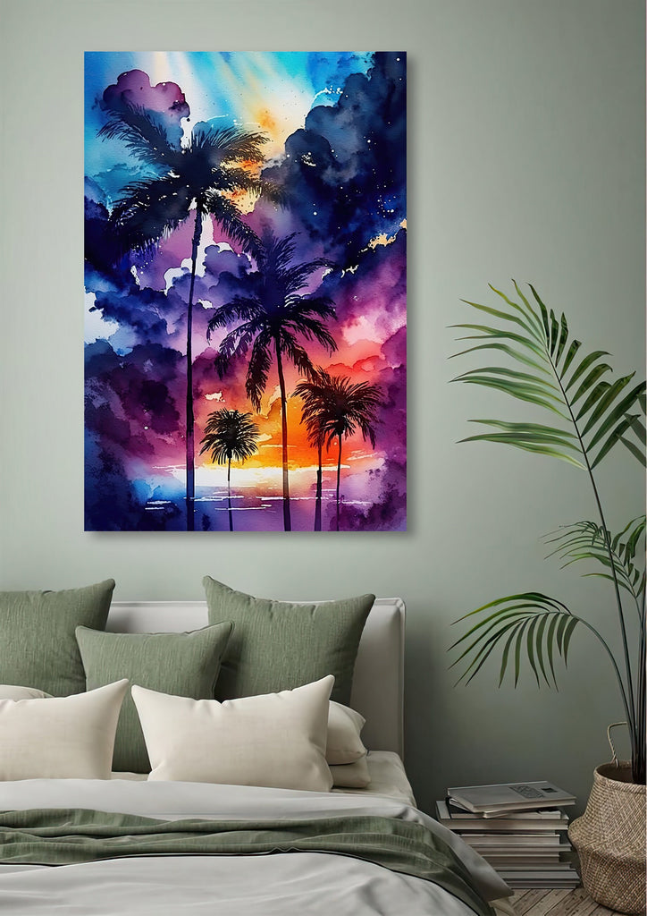 Palm Tree Sunset Art Print Watercolor Coastal Wall Art Nature Inspired Gift Tropical Beach House Home Decor