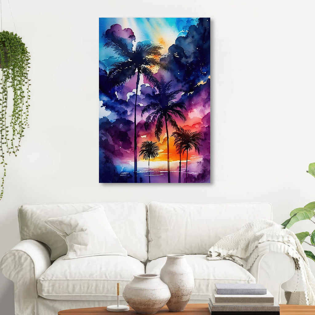 Palm Tree Sunset Art Print Watercolor Coastal Wall Art Nature Inspired Gift Tropical Beach House Home Decor