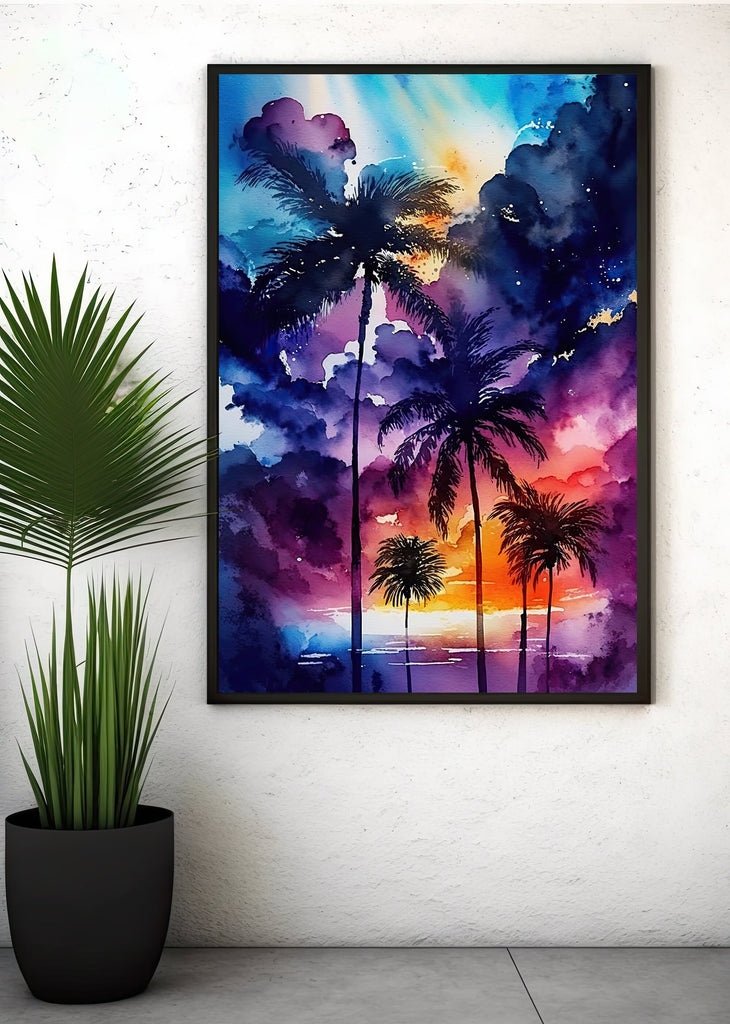 Palm Tree Sunset Art Print Watercolor Coastal Wall Art Nature Inspired Gift Tropical Beach House Home Decor