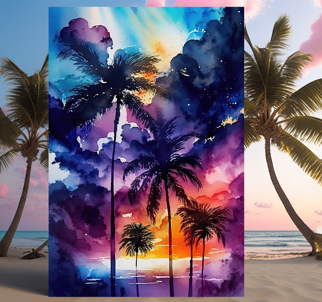 Palm Tree Sunset Art Print Watercolor Coastal Wall Art Nature Inspired Gift Tropical Beach House Home Decor