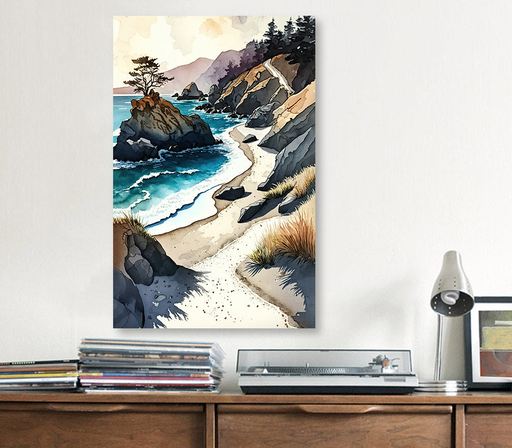 California Big Sur Beach Print Watercolor Ocean Wall Art Tropical Nature Gift Coastal Landscape Home Decor